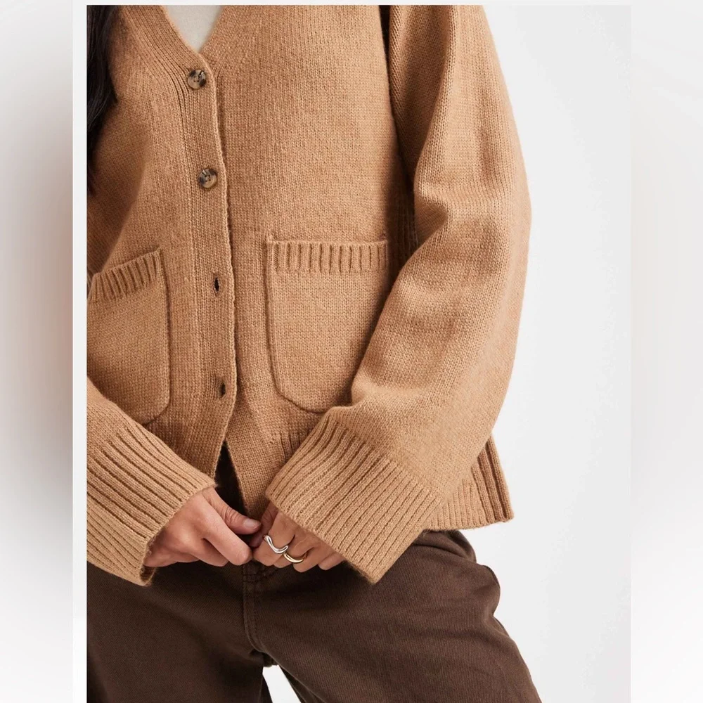 ASOS- tan camel v neck button front knit cardigan sweater with side pockets - Picture 4 of 6